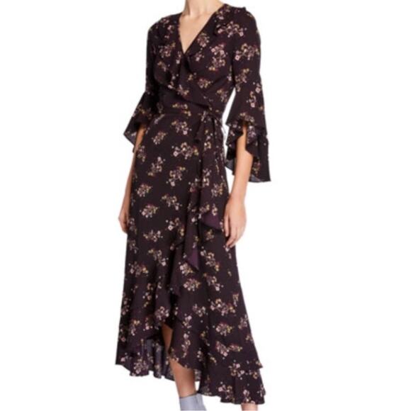 Max Studio Wrap Dress Maxi Floral Ruffle Bell Sleeve Star Purple Size Small - Picture 1 of 11